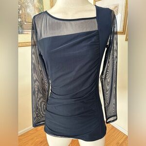 DKNY like new sheer asymmetrical blue top/mesh sleeves ruching size S